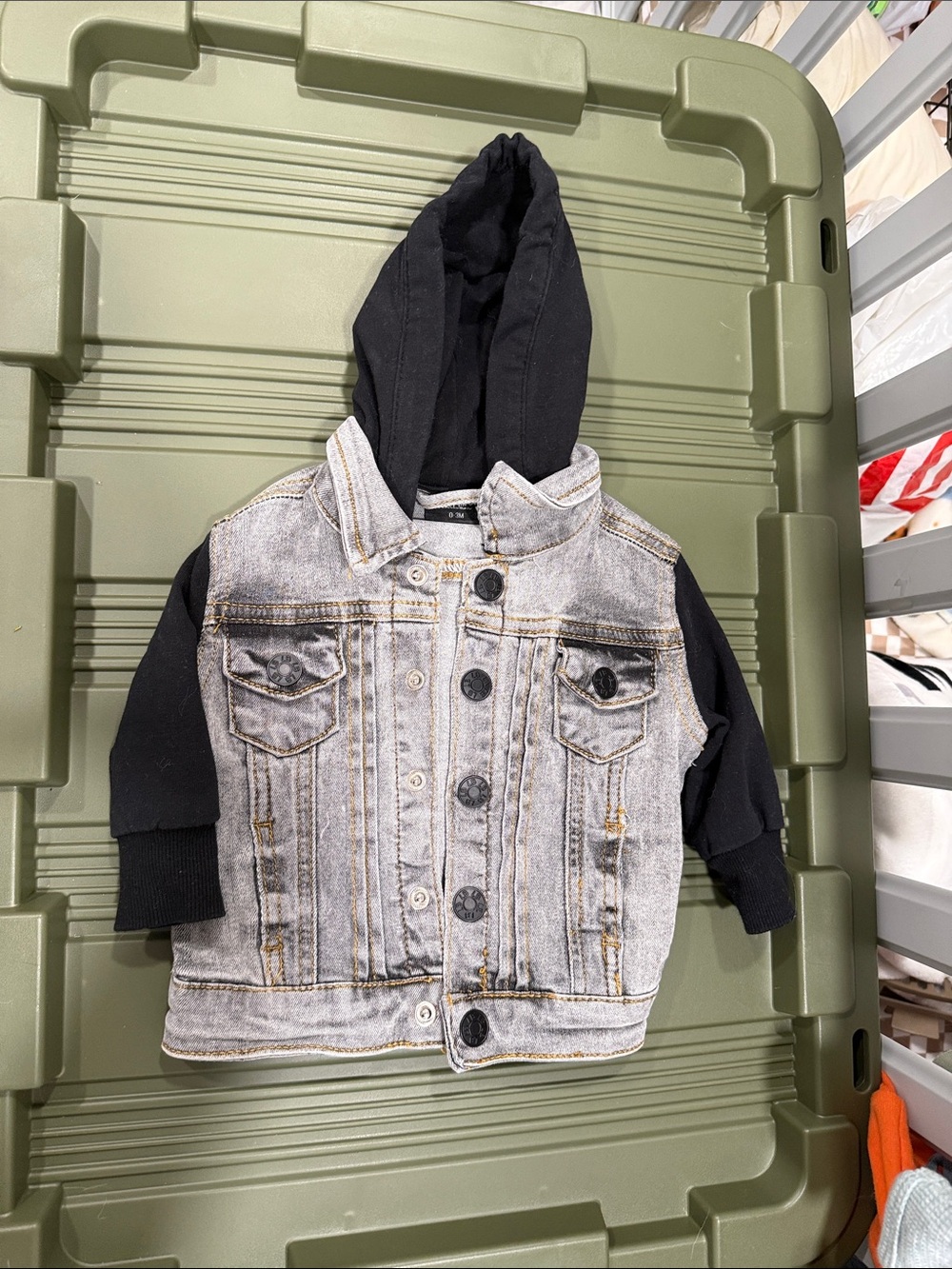 Little Bipsy 0-3M Kids' Hooded Denim Jacket - Black Sleeves, Washed Gray Body